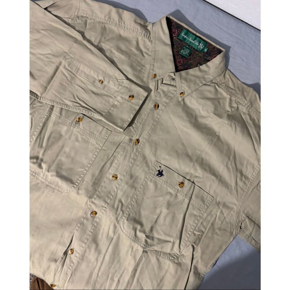 Knights Of Round Table Shirt Mens XL Beige Tan Cotton Button Up Pocket